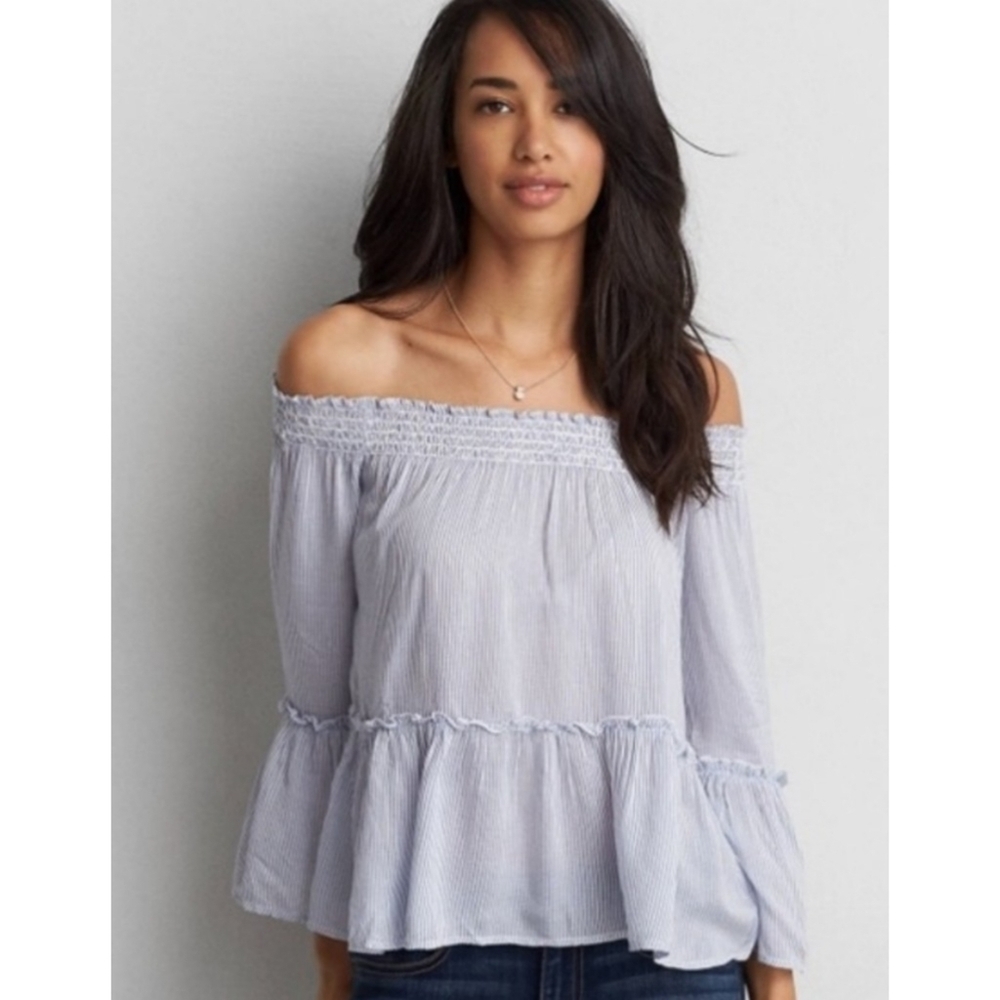 American Eagle Outfitters Striped Off the Shoulder Bell Sleeve Top Blue&White S - Picture 1 of 11